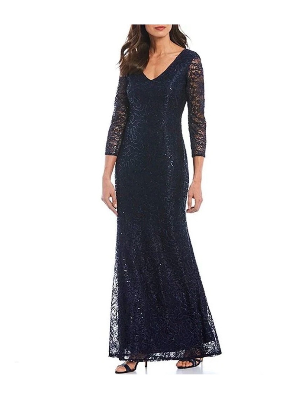 MARINA Navy Blue Sequin Lace V-Neck & Back 3/4 Illusion Sheer Sleeve Gown sz 8